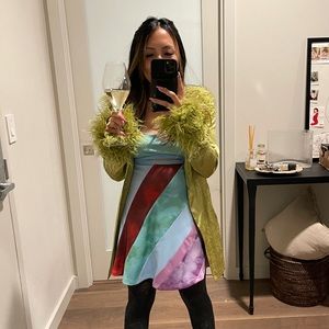 Elsie + Fred Marla Sateen Olive Green Faux Fur Jacket | XS